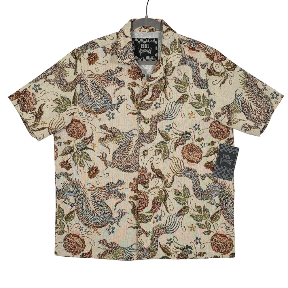 Rebel Vengeance Men's Large Dragon Floral Tapestry Short Sleeve Button Up Shirt